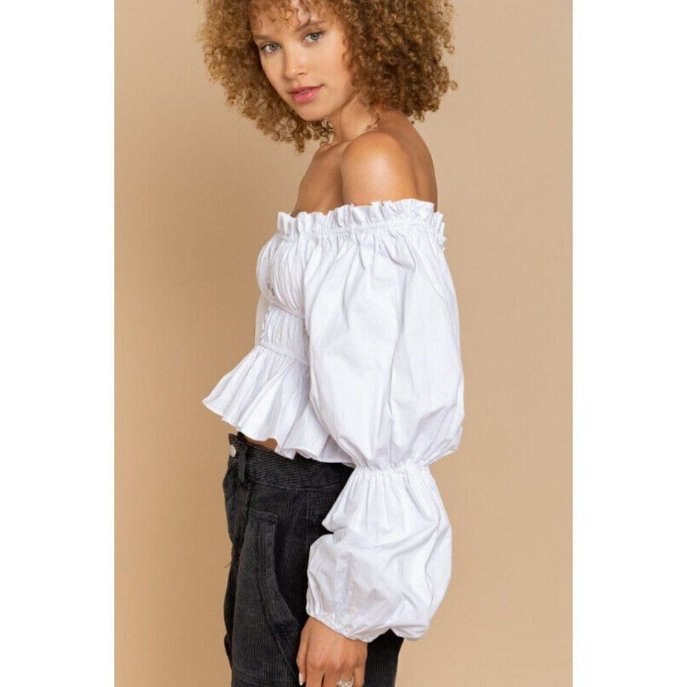 Sale! POL
Off Shoulder White Cropped Long Sleeve Blouse Ruffles Puff Sleeve Top - Picture 9 of 10